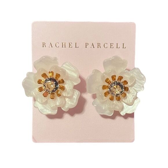 Rachel Parcell Floral Statement Button Stud Earring In Ivory Gold NWT - Picture 1 of 4